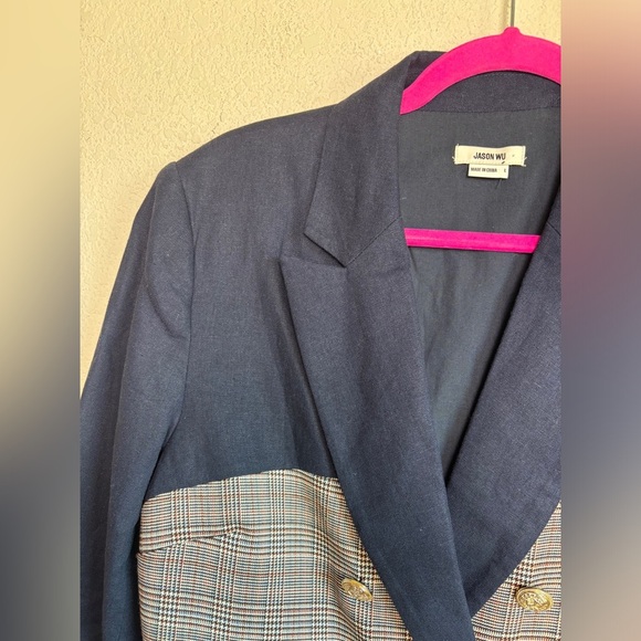 Jason Wu Navy Linen & Plaid Mixed Media Double Breasted Cropped Blazer L - Picture 5 of 12